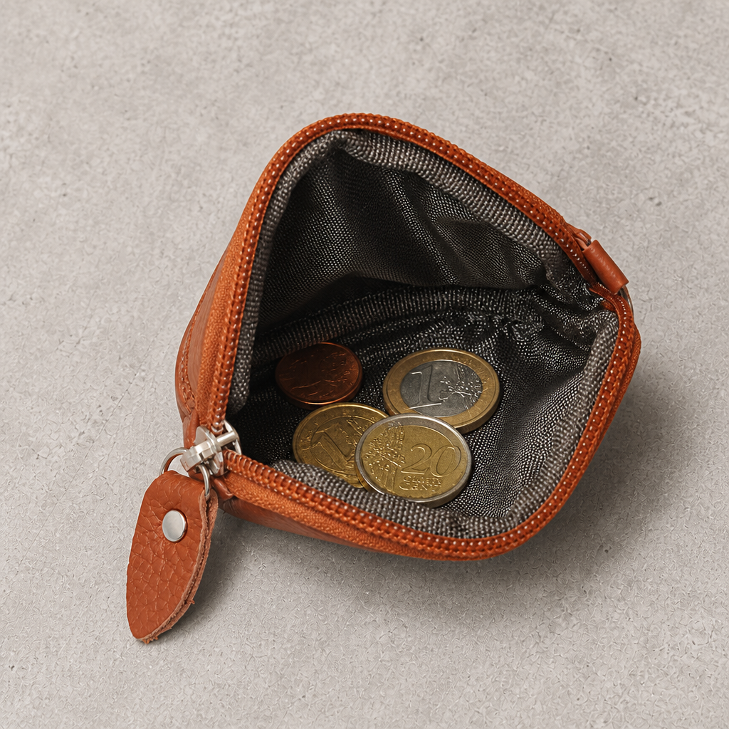Intérieur du porte-monnaie compact : compartiment zippé doublé textile avec pièces en euros (visuel illustratif)