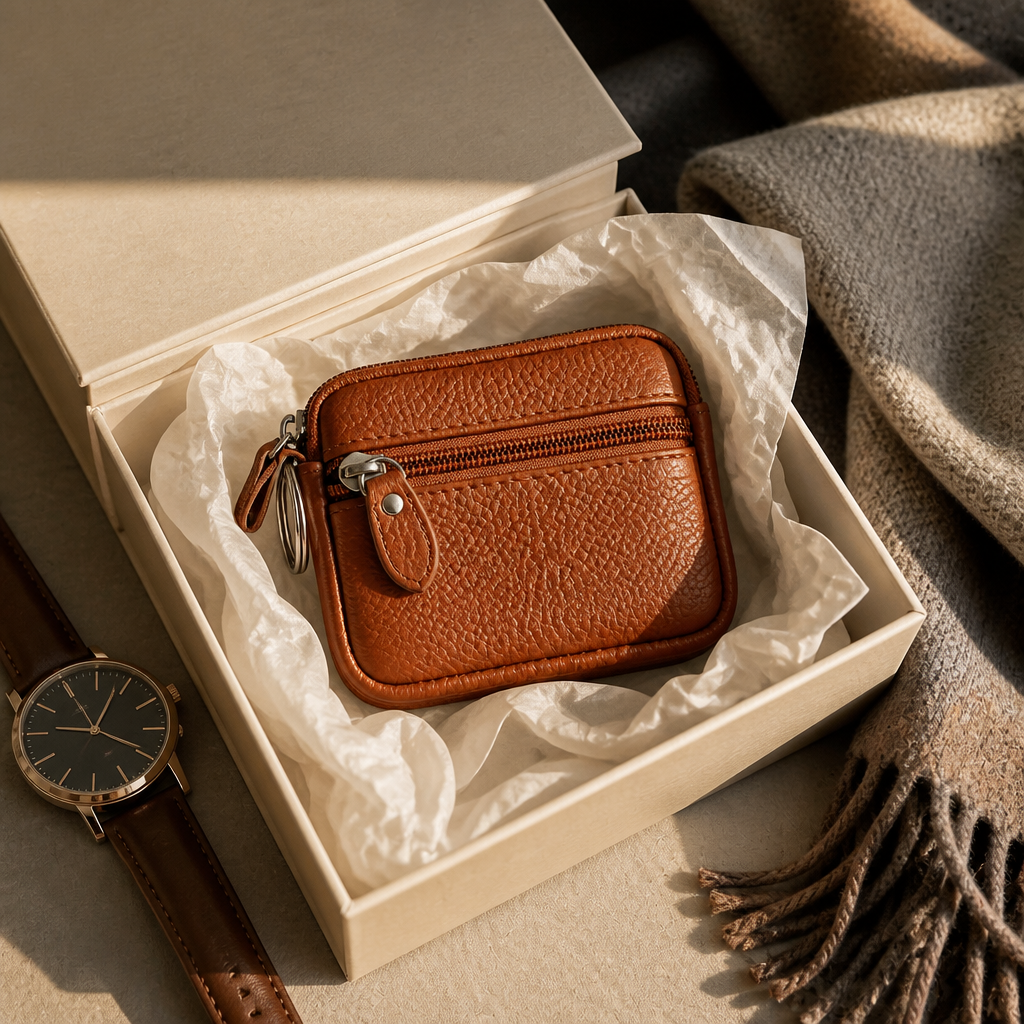 Porte-monnaie compact homme en cuir marron présenté en coffret cadeau
