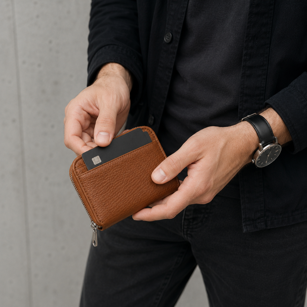 Homme tenant un porte-monnaie en cuir camel et retirant une carte bancaire