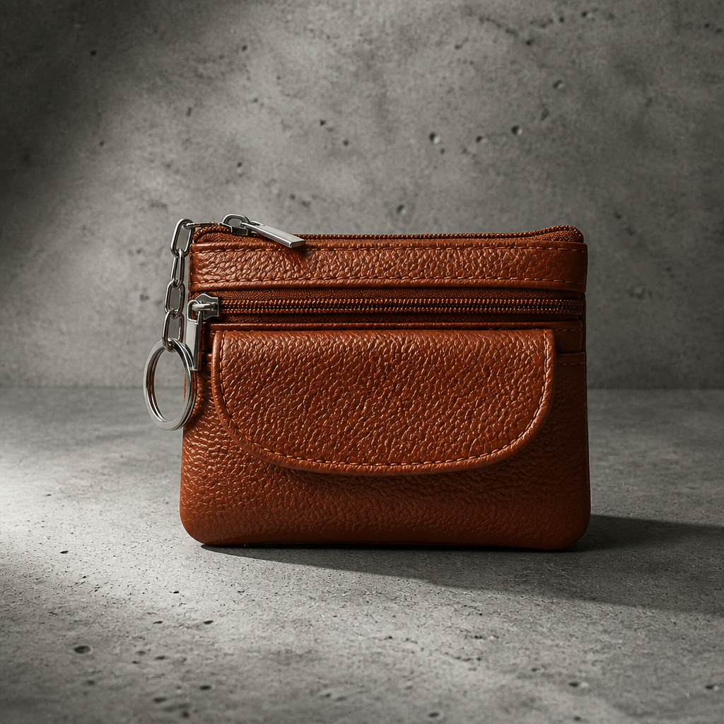 Porte-monnaie homme en cuir véritable marron, format compact, vue de face