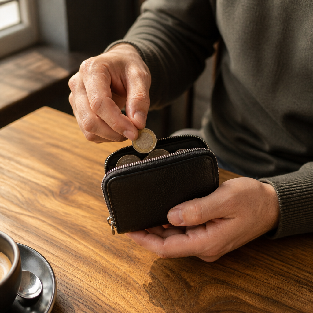 Homme utilisant le porte-monnaie compact en cuir noir au quotidien