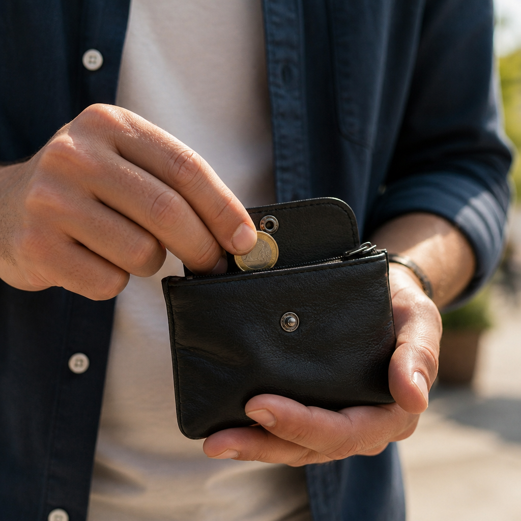 Homme prenant une pièce dans son porte-monnaie en cuir souple noir