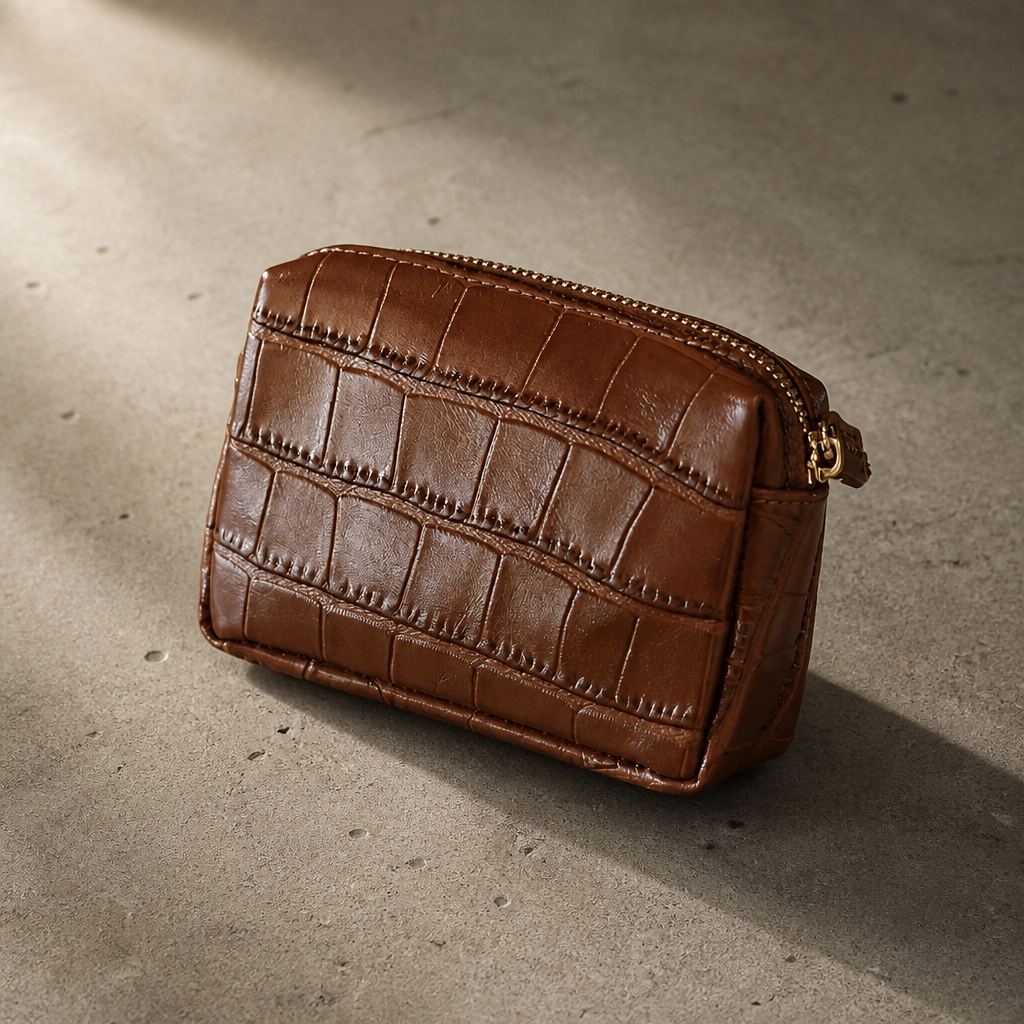 Porte-monnaie homme façon croco marron, similicuir vegan