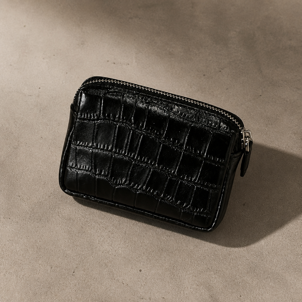 Porte-monnaie homme façon croco noir, compact zippé