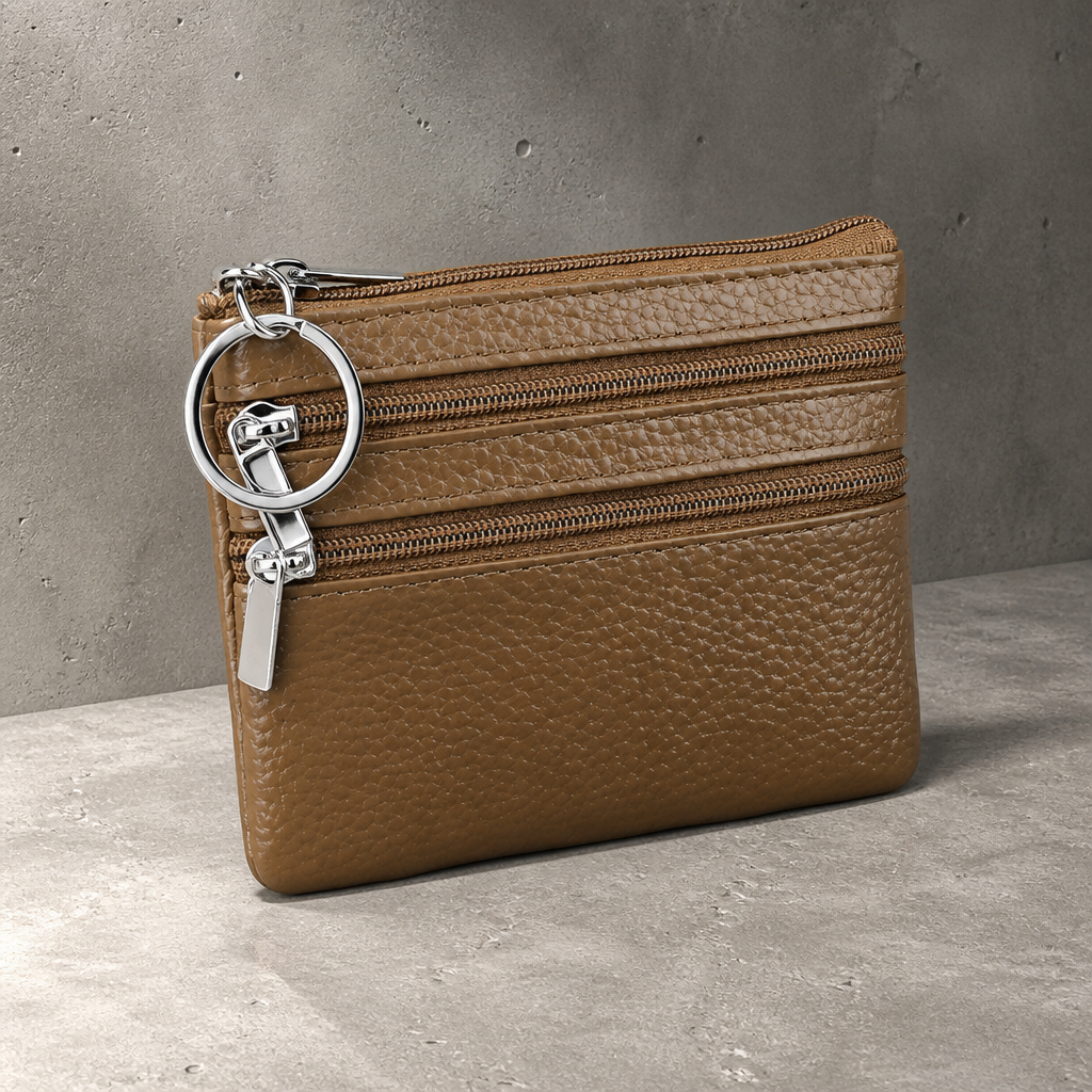 Porte-monnaie homme en cuir camel zippé compact