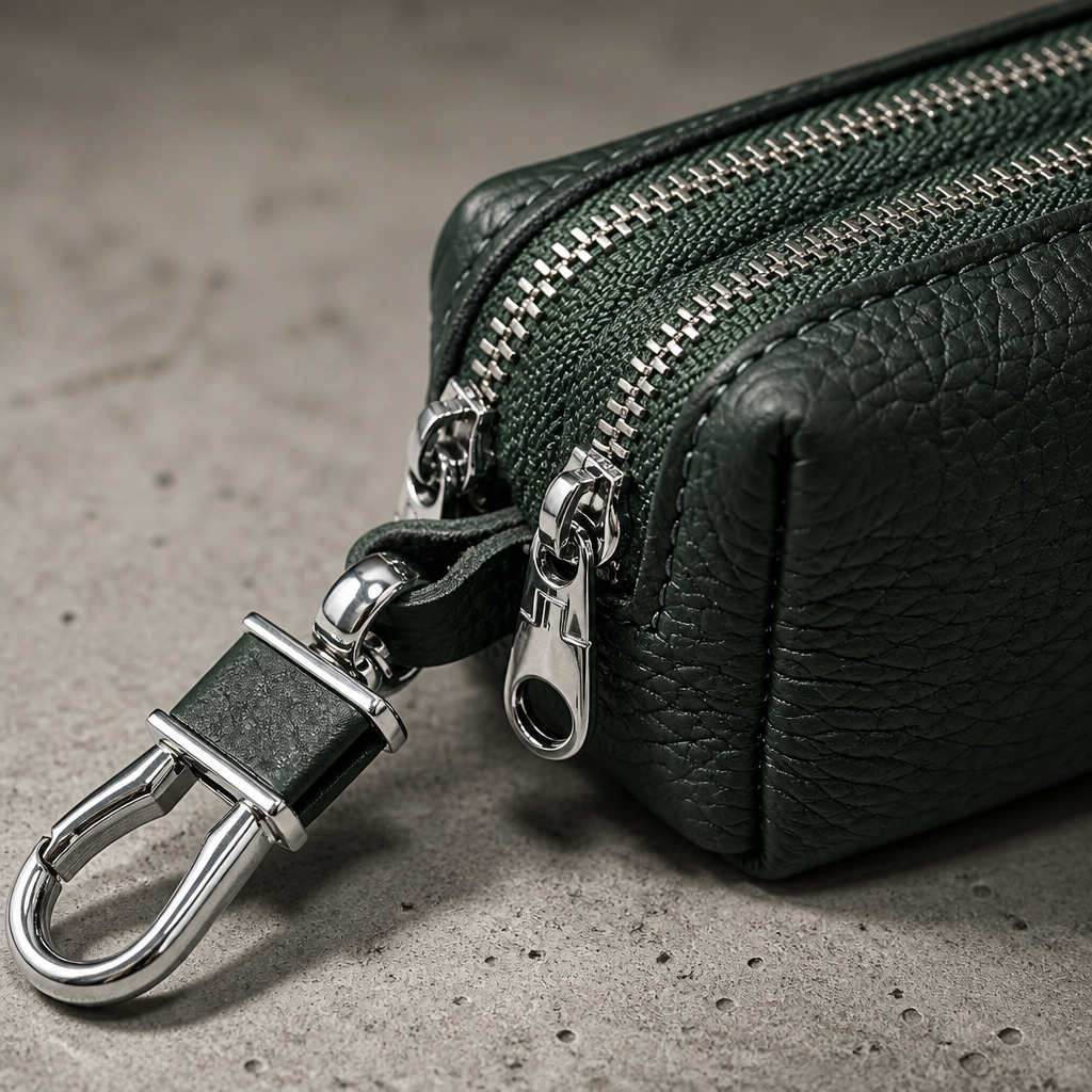 Mousqueton et grain du cuir du porte-monnaie vert