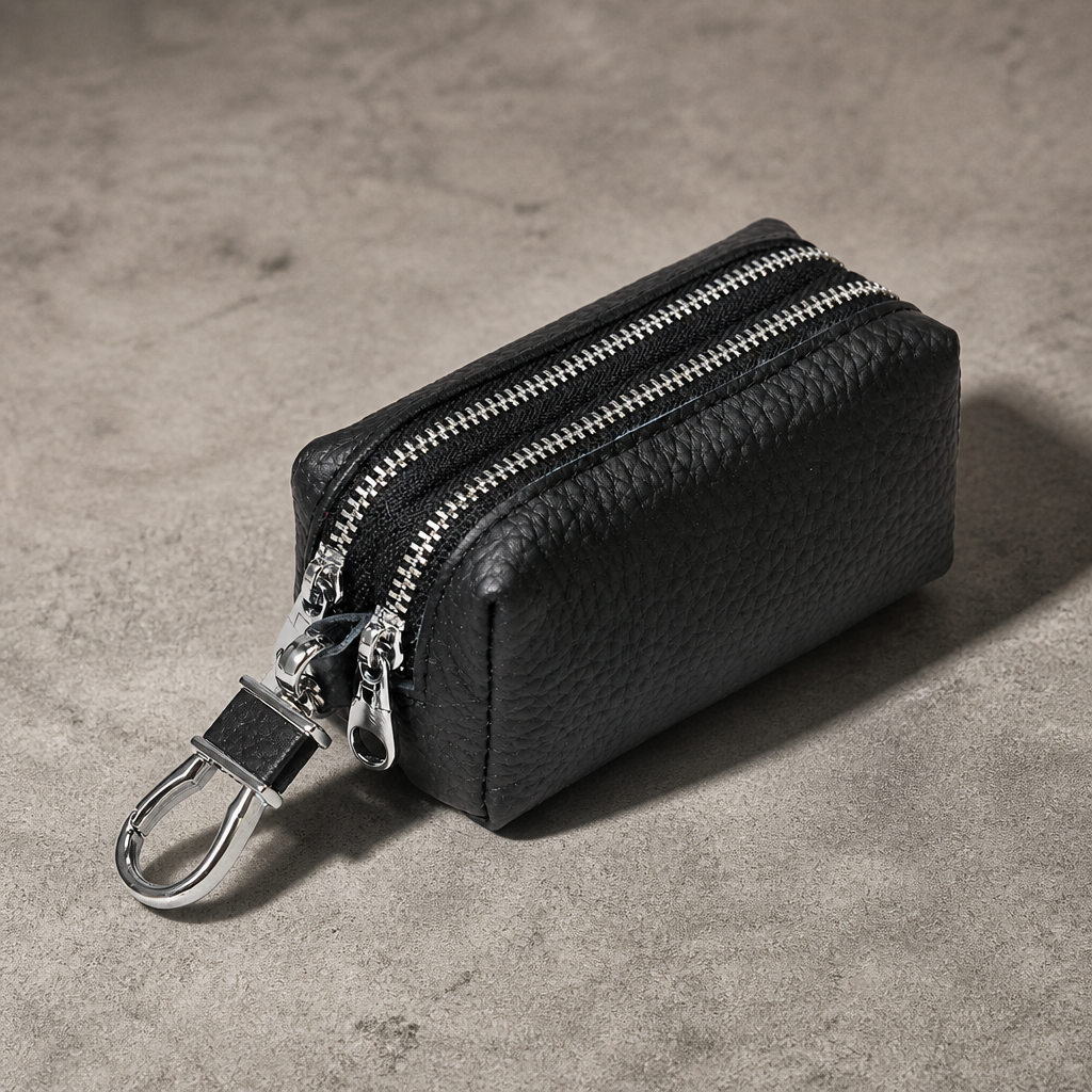 Porte-monnaie homme en cuir noir à double zip