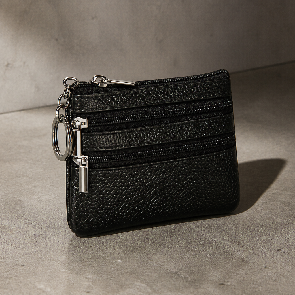 Porte-monnaie homme en cuir noir zippé compact avec anneau porte-clés