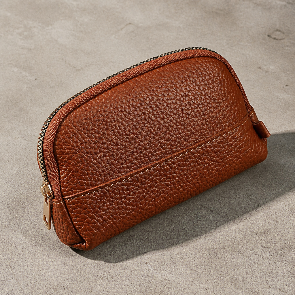 Porte-monnaie homme zippé marron, aspect cuir grainé