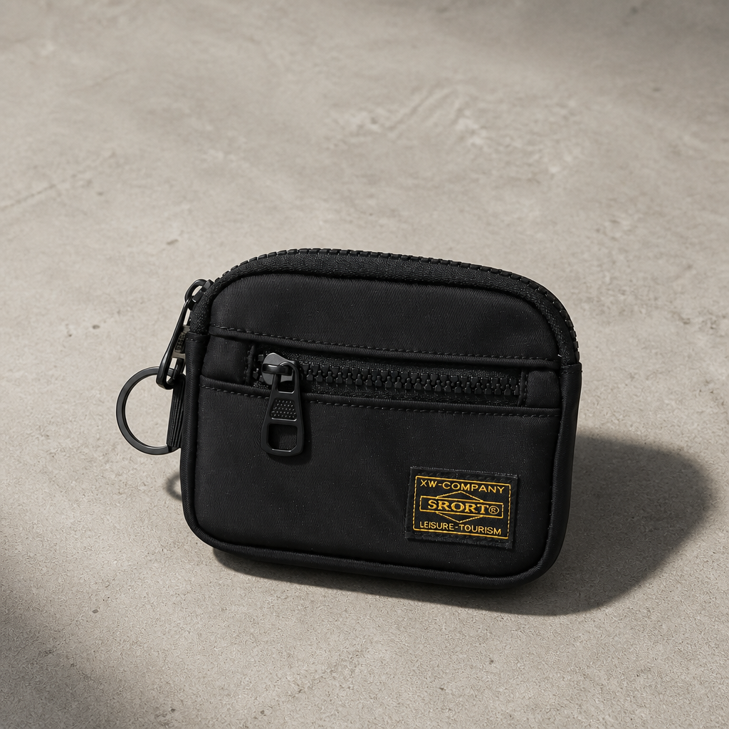 Porte-monnaie homme en tissu noir, compact zippé