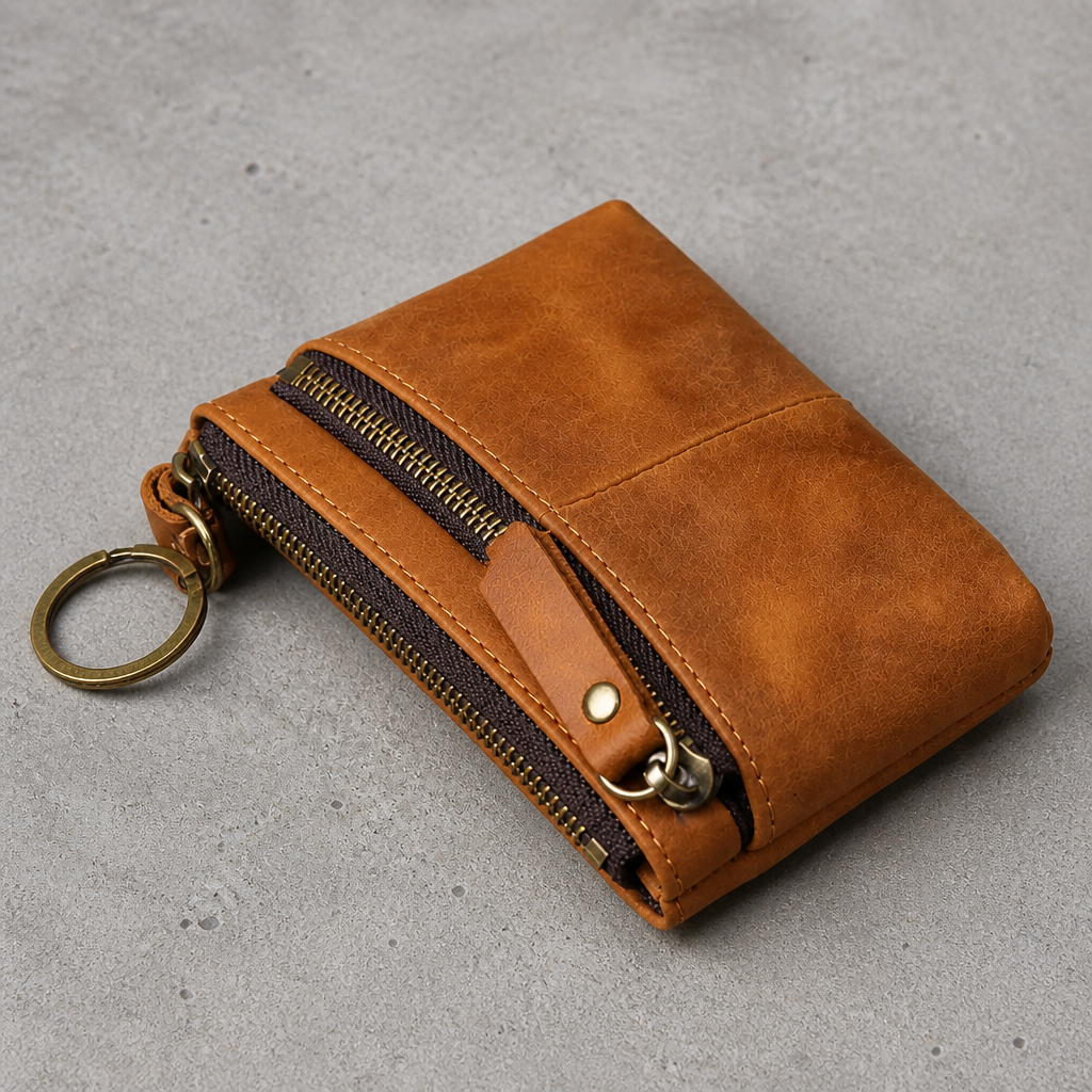 Porte-monnaie long homme en cuir camel, vue de côté montrant les deux fermetures éclair et l'anneau porte-clés