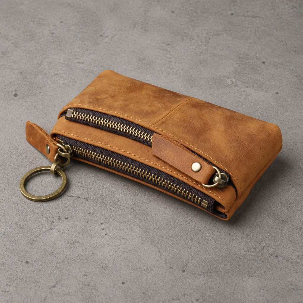 Porte-monnaie long homme en cuir camel, deux zips et anneau porte-clés, vue de face