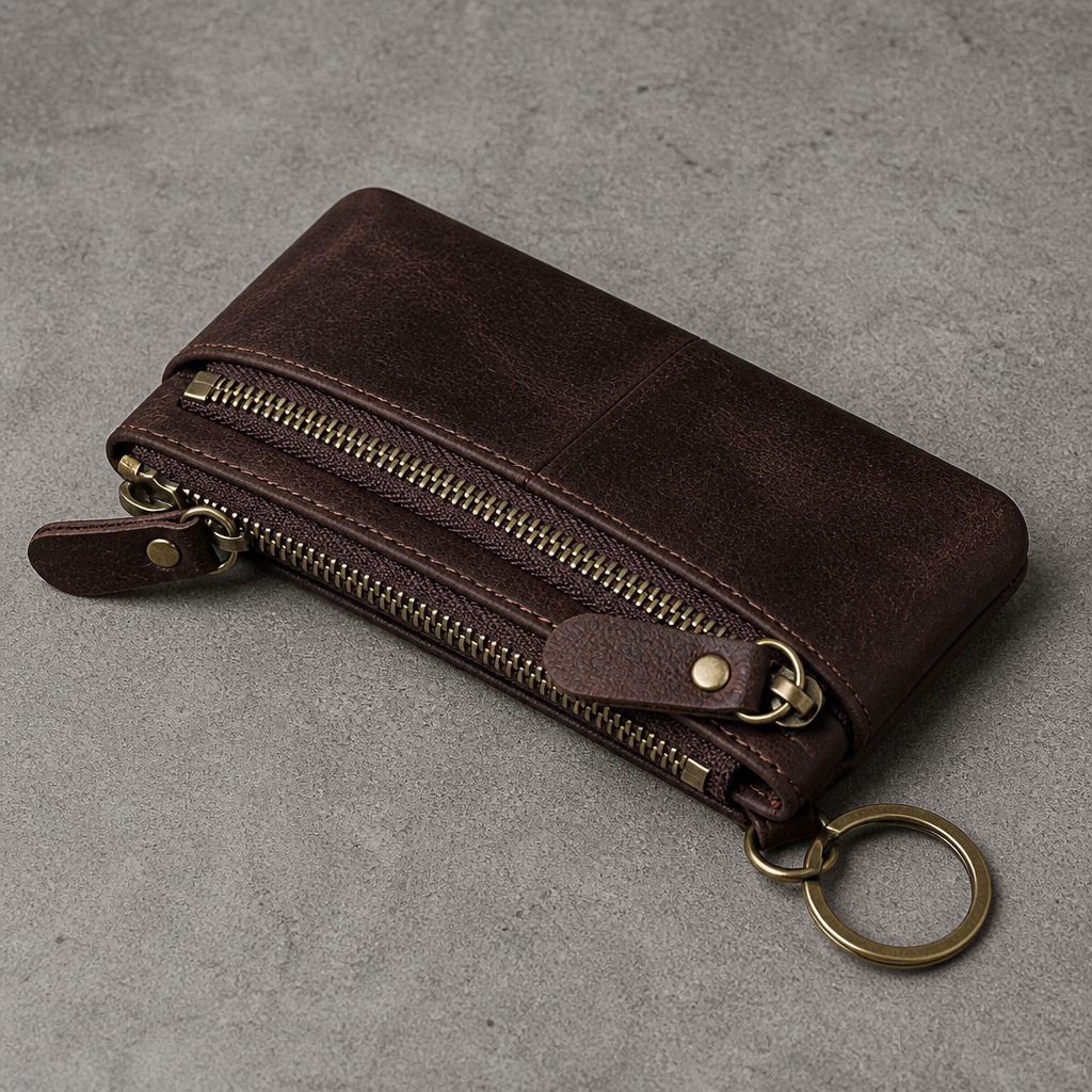 Porte-monnaie long homme en cuir marron, deux zips et anneau porte-clés, vue de face