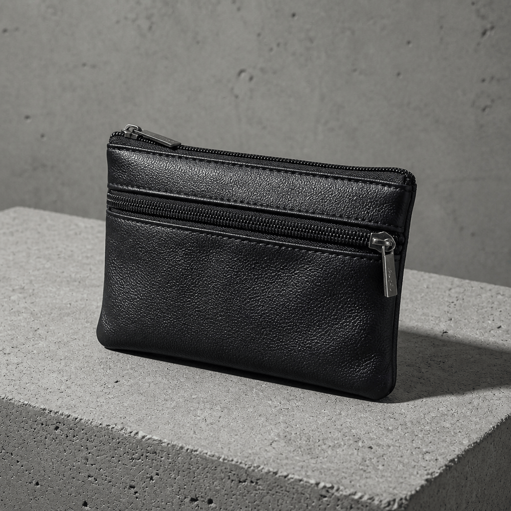 Porte monnaie minimaliste homme noir debout, pochette plate à deux zips en similicuir, sur béton