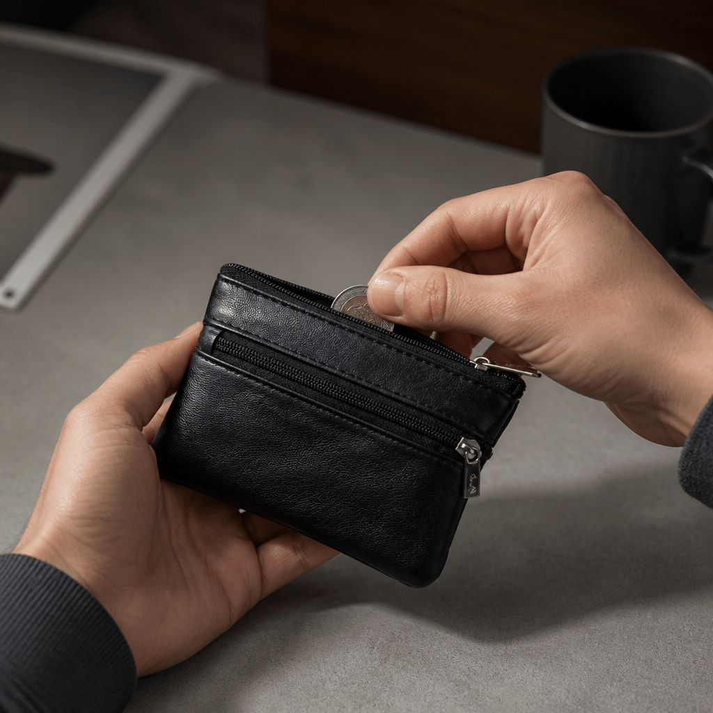 Homme ouvrant son porte monnaie minimaliste noir en similicuir pour prendre une pièce