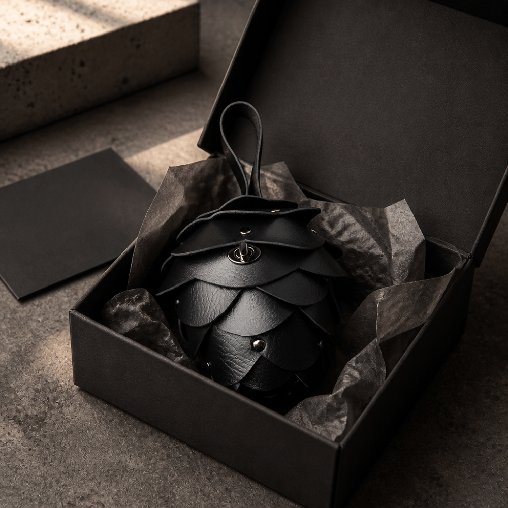 Porte monnaie original pomme de pin noir présenté dans un coffret cadeau