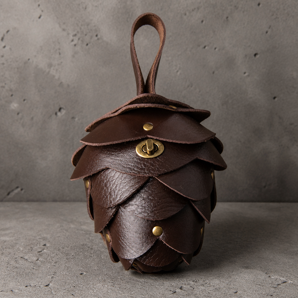 Porte monnaie original homme en forme de pomme de pin marron, similicuir à écailles rivetées