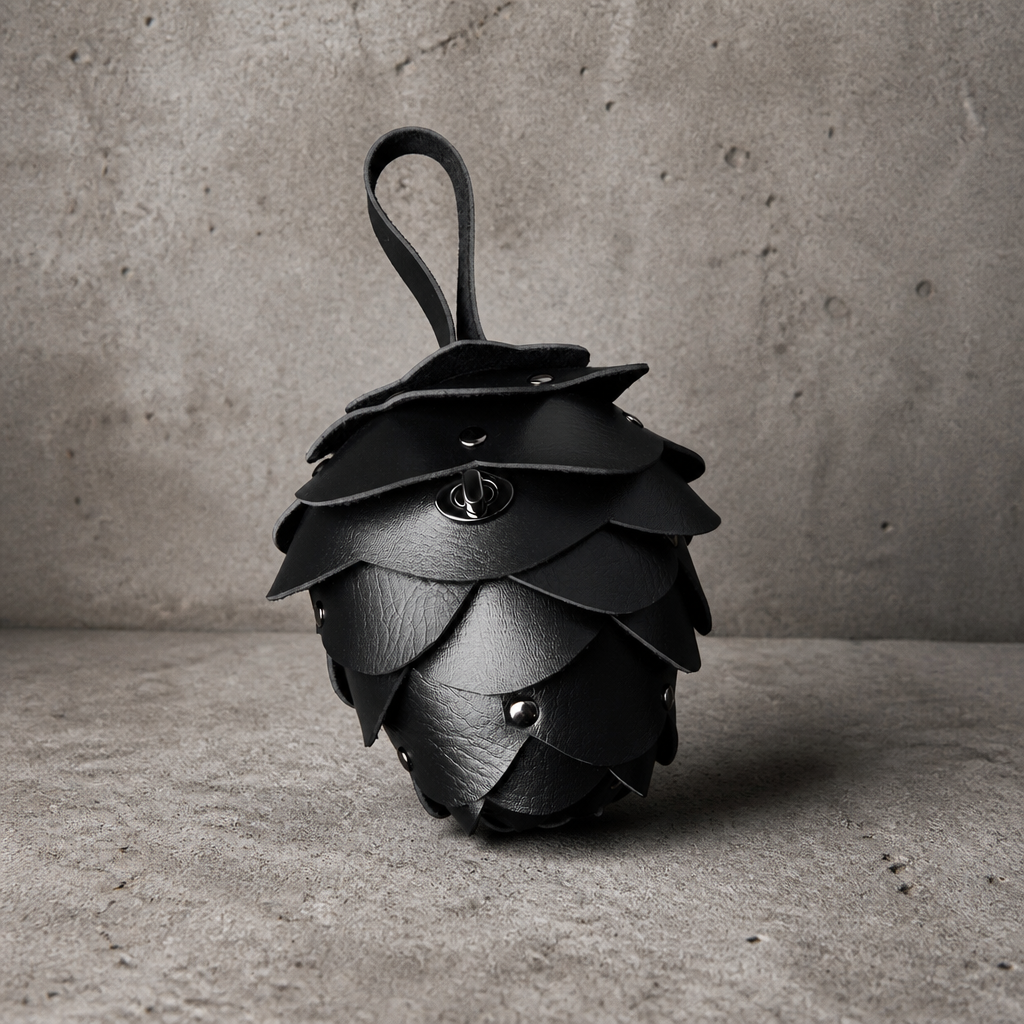 Porte monnaie original homme en forme de pomme de pin noir, similicuir à écailles rivetées