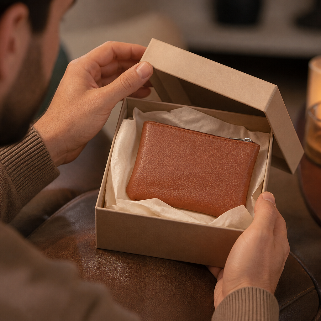 Porte-monnaie personnalisable homme camel decouvert dans un coffret cadeau