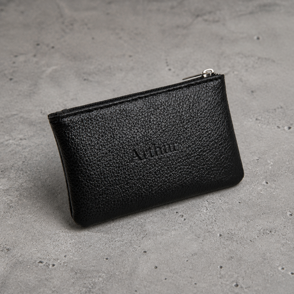 Porte-monnaie personnalisable homme noir, gravure laser Arthur au centre