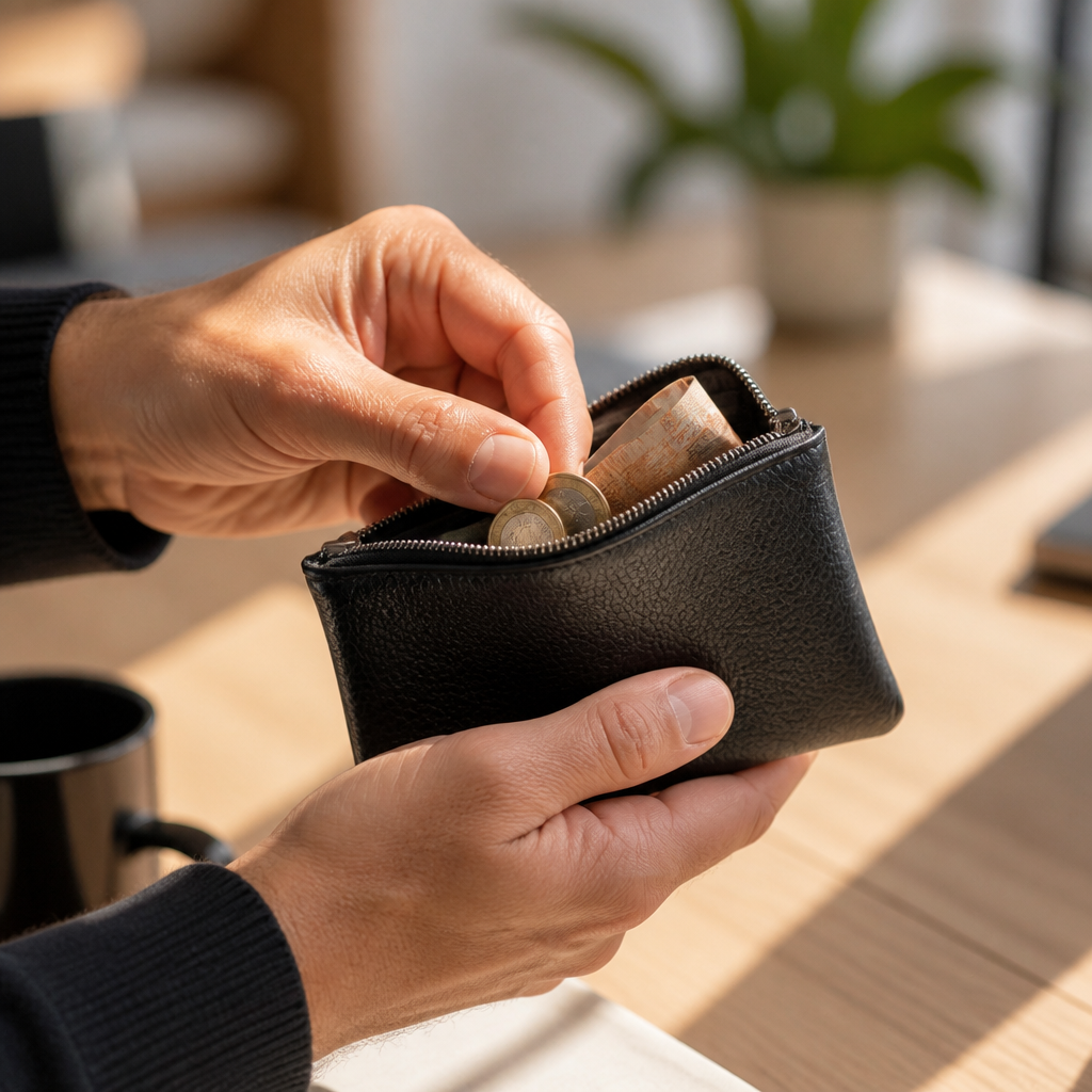 Homme utilisant un porte-monnaie personnalisable, pieces de monnaie en main