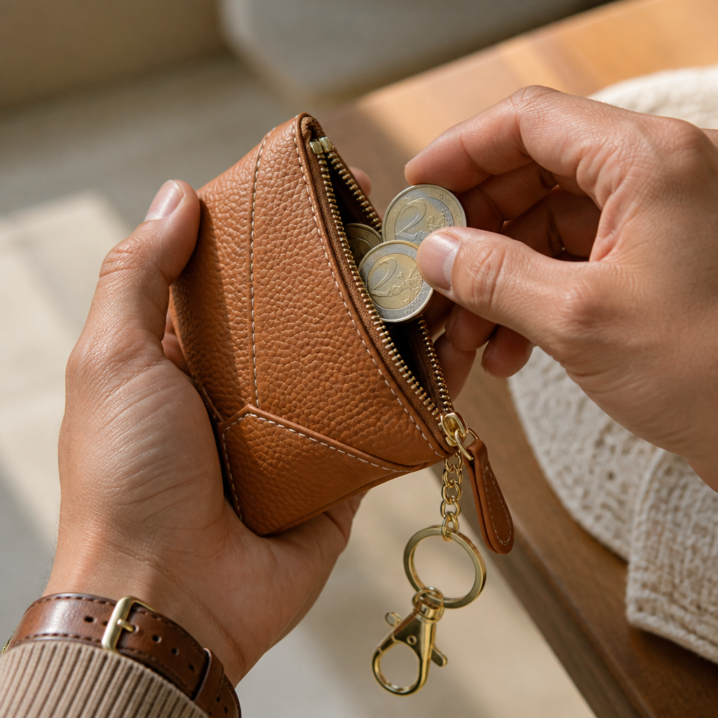 Homme sortant des pièces en euros d'un porte-monnaie en cuir camel