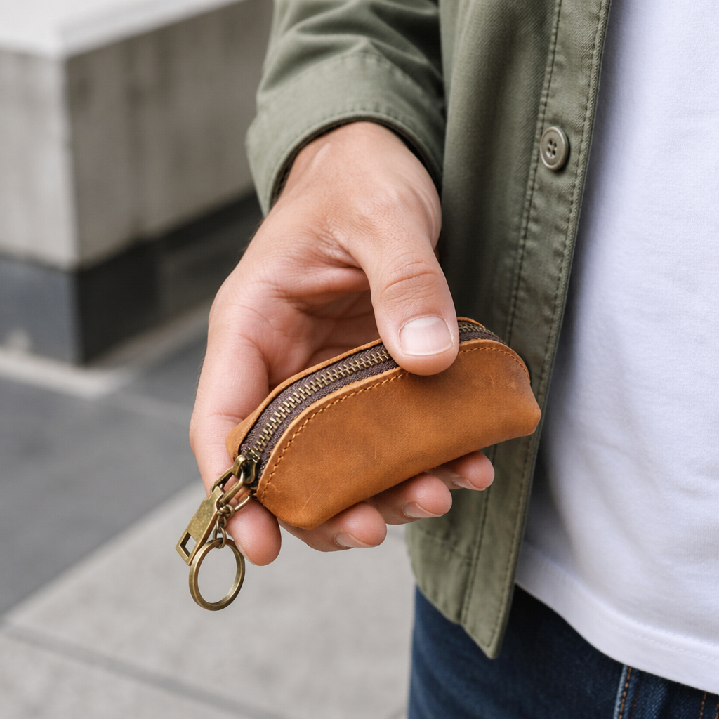 Homme tenant le porte monnaie rétro camel en similicuir