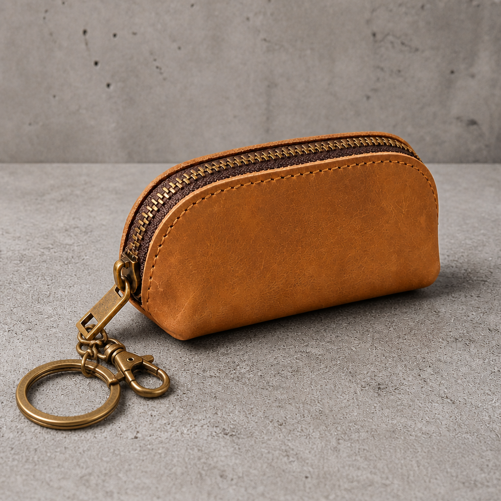 Porte monnaie rétro homme zippé en similicuir camel, aspect vieilli, anneau porte-clés laiton