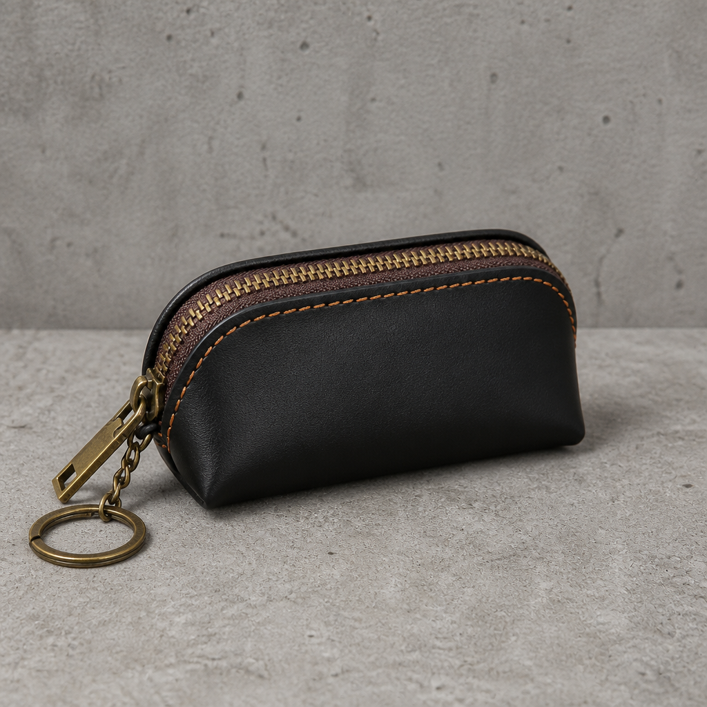 Porte monnaie rétro homme zippé en similicuir noir, aspect vieilli