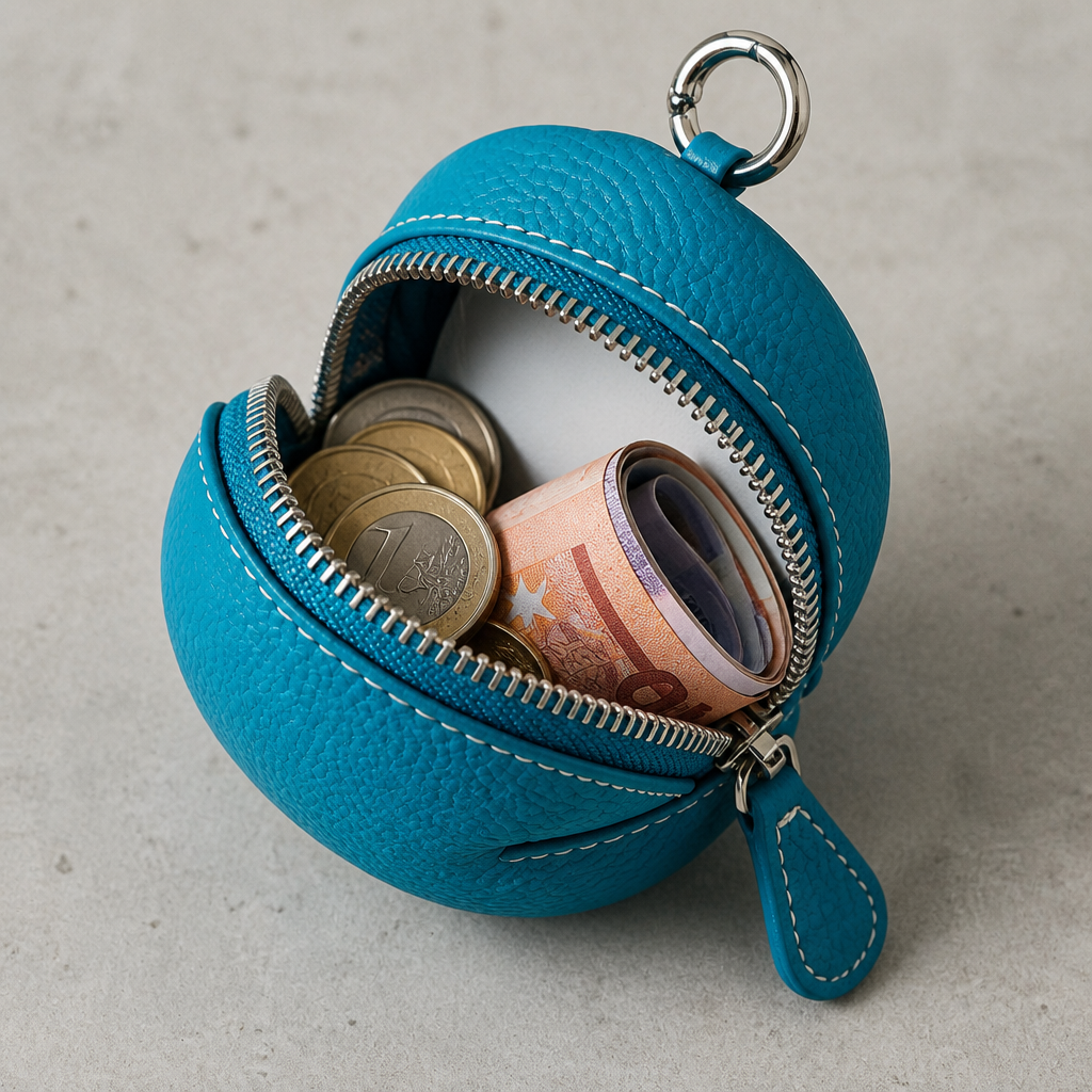 Intérieur du porte-monnaie rond en cuir turquoise avec pièces en euros