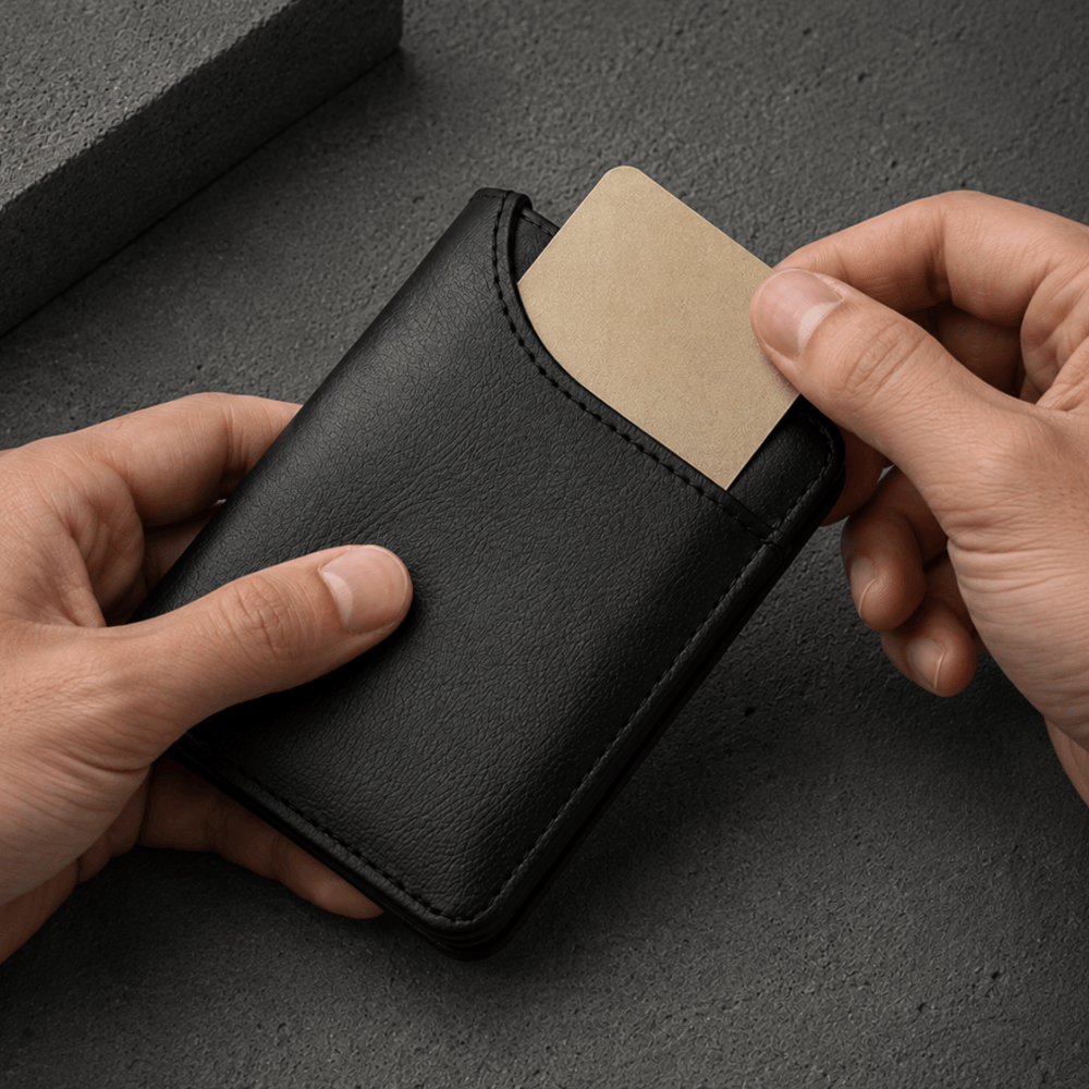 Carte glissee dans la poche exterieure d acces rapide du portefeuille compact homme noir