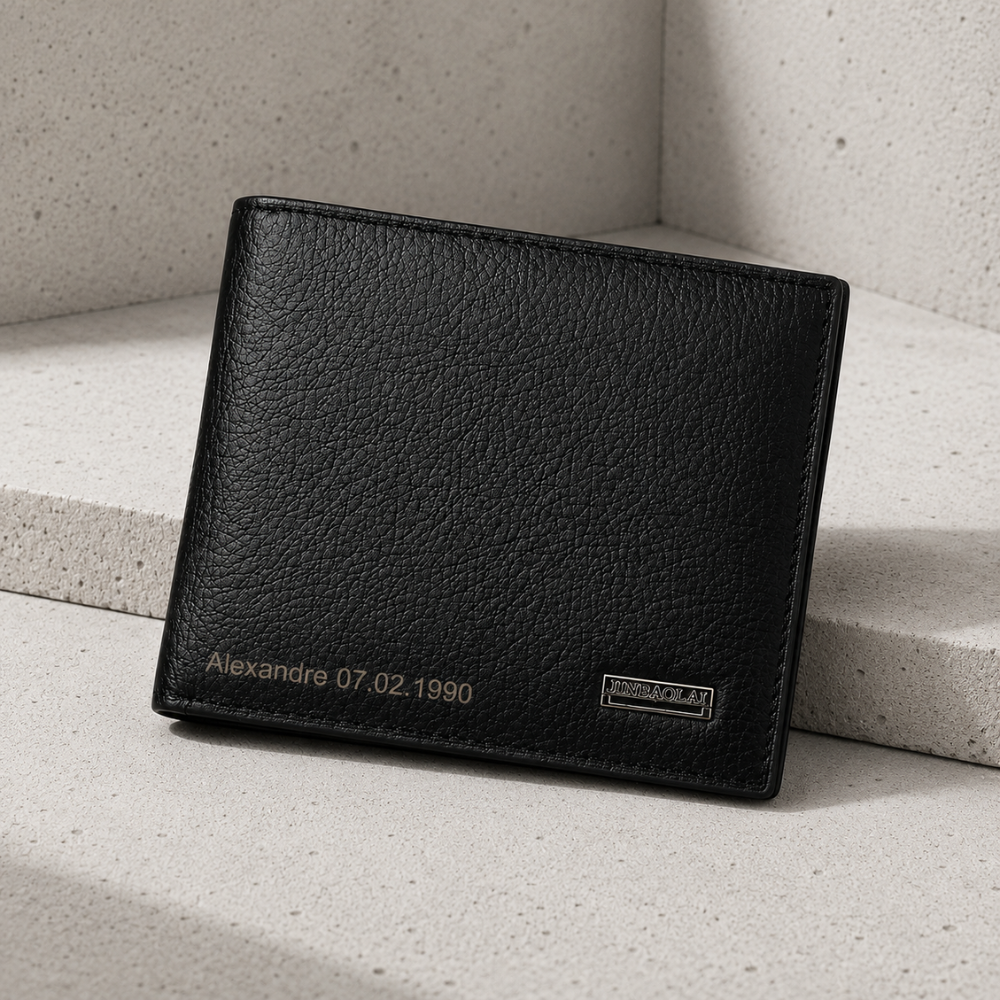 Portefeuille cuir gravé homme noir, prénom et date sur la façade
