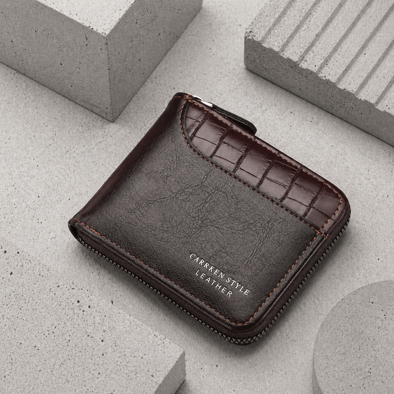 portefeuille homme crocodile similicuir marron foncé bifold zippé