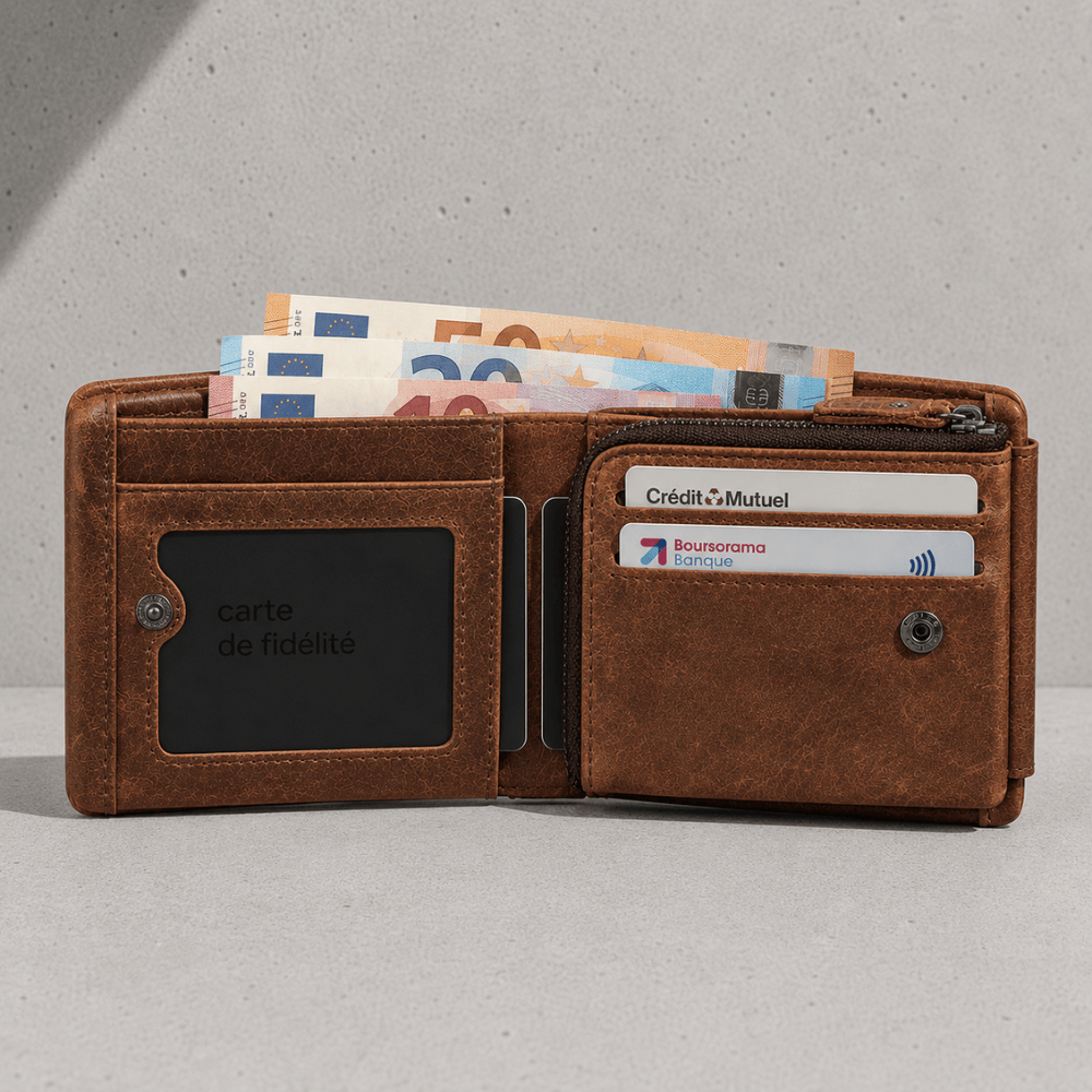 Intérieur du portefeuille homme cuir, cartes, billets et monnaie zippée