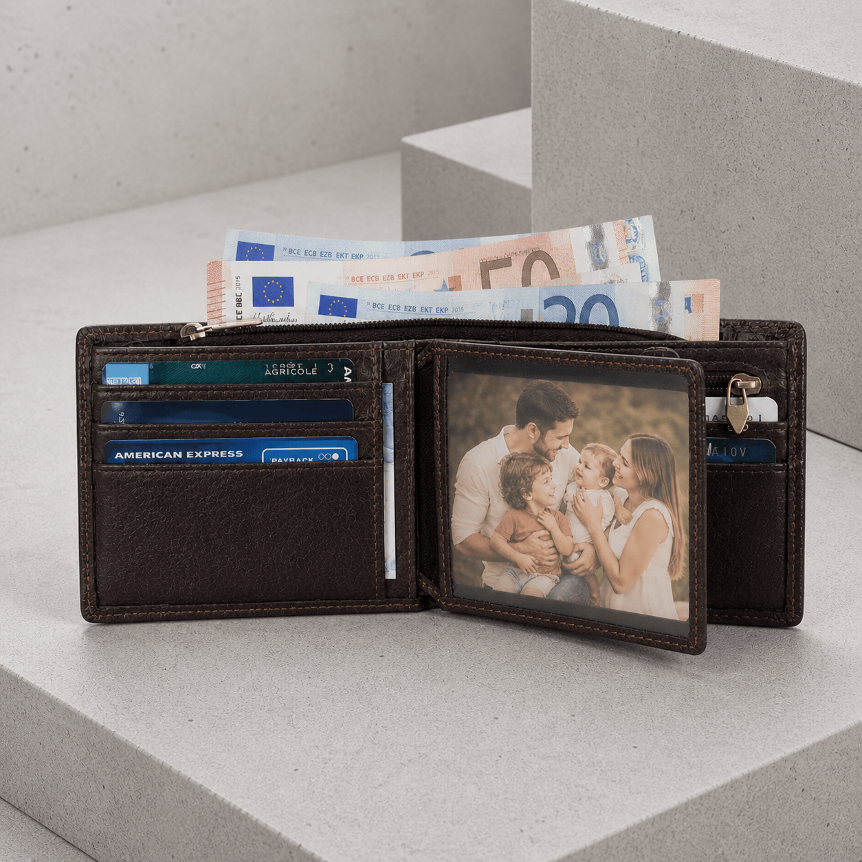 portefeuille homme cuir vachette marron foncé compartiments porte-cartes photo