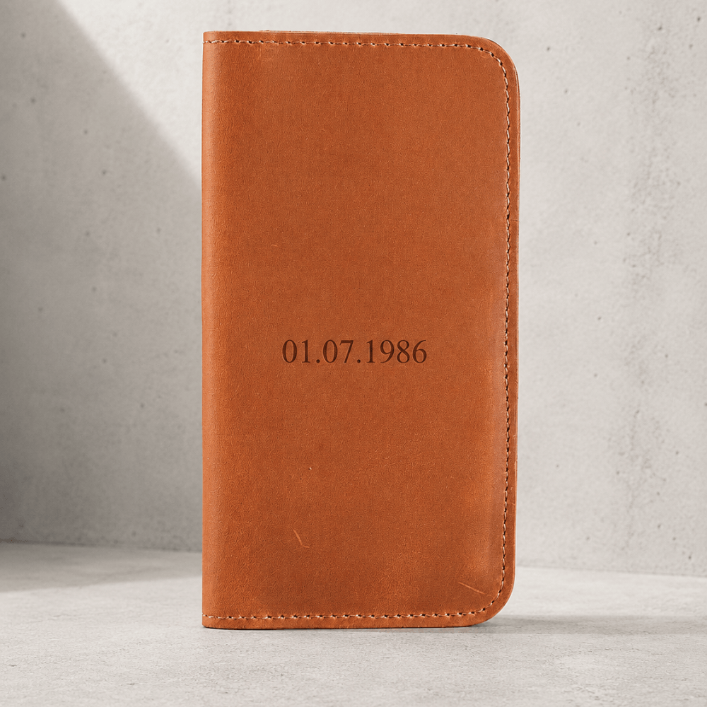 Portefeuille long homme en cuir véritable camel gravé