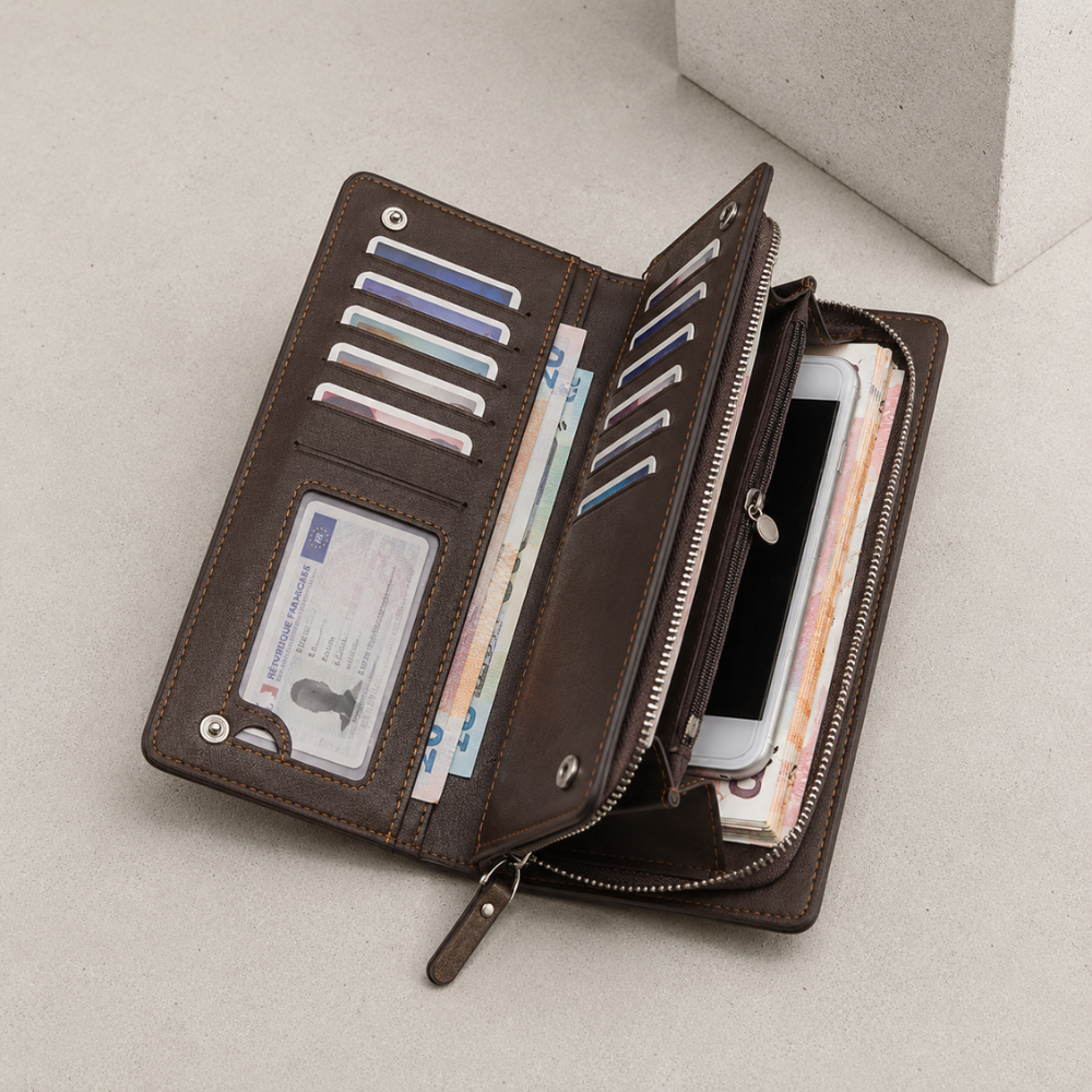 Portefeuille homme à dragonne grande capacité : téléphone, cartes et billets