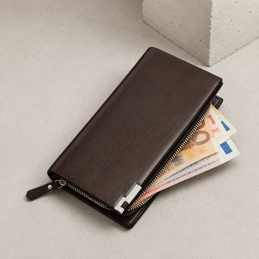 Portefeuille homme à dragonne, poche zippée pour billets, marron