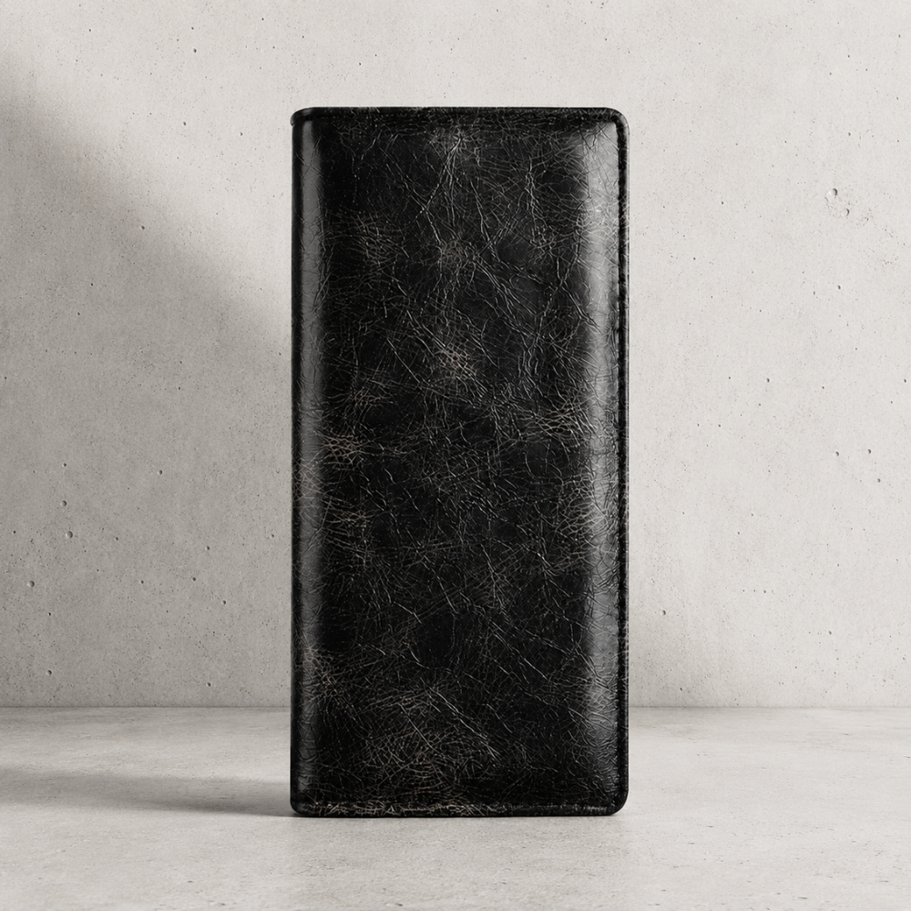 Portefeuille homme grand format noir, similicuir vintage marbré
