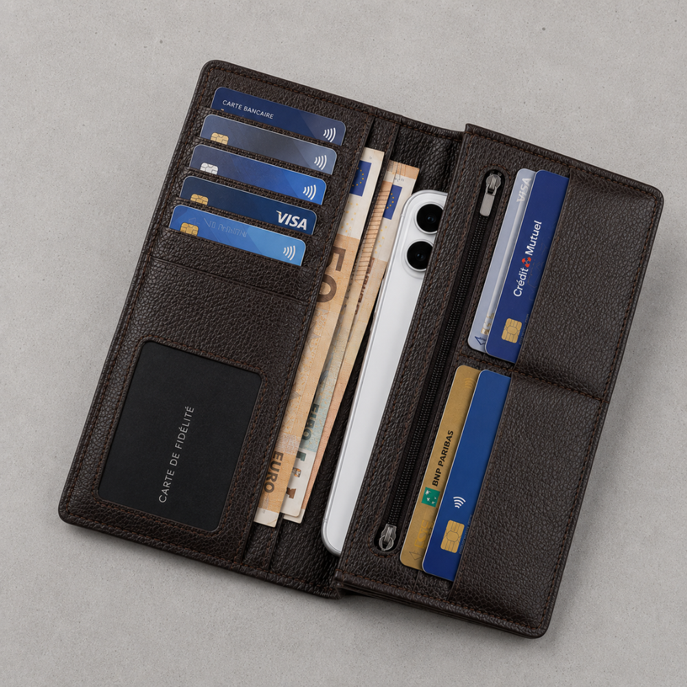 Portefeuille homme grande capacité : téléphone, cartes et billets