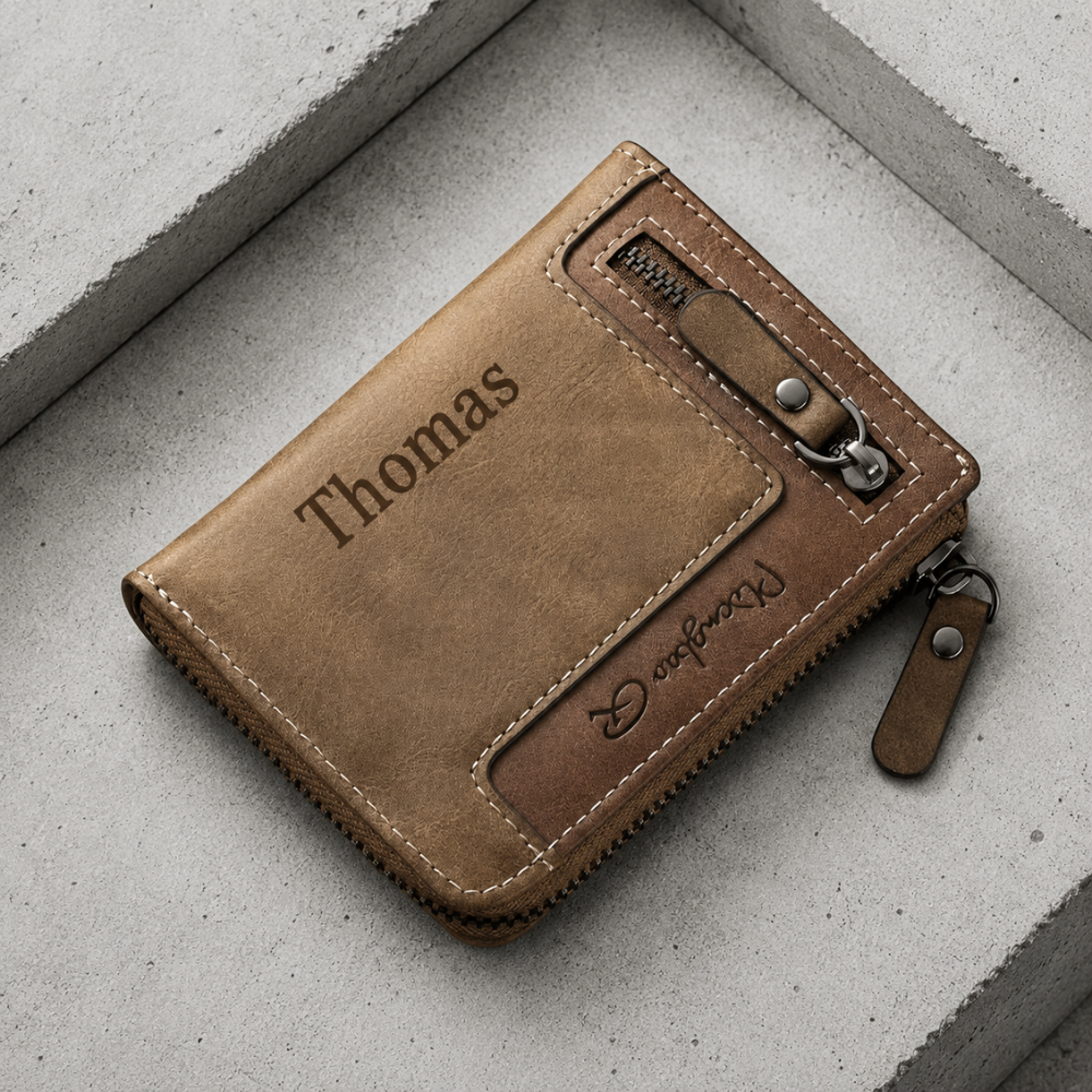 Portefeuille homme gravé camel à fermeture éclair, similicuir aspect cuir