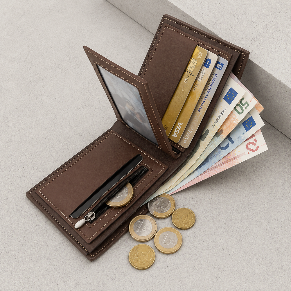 Intérieur portefeuille homme ouvert : cartes, monnaie zippée et billets