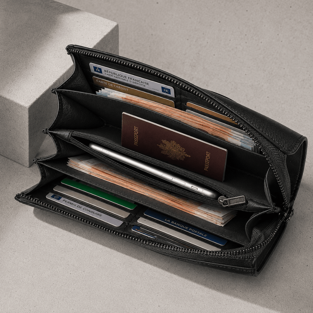 Intérieur du portefeuille homme avec passeport, smartphone et cartes