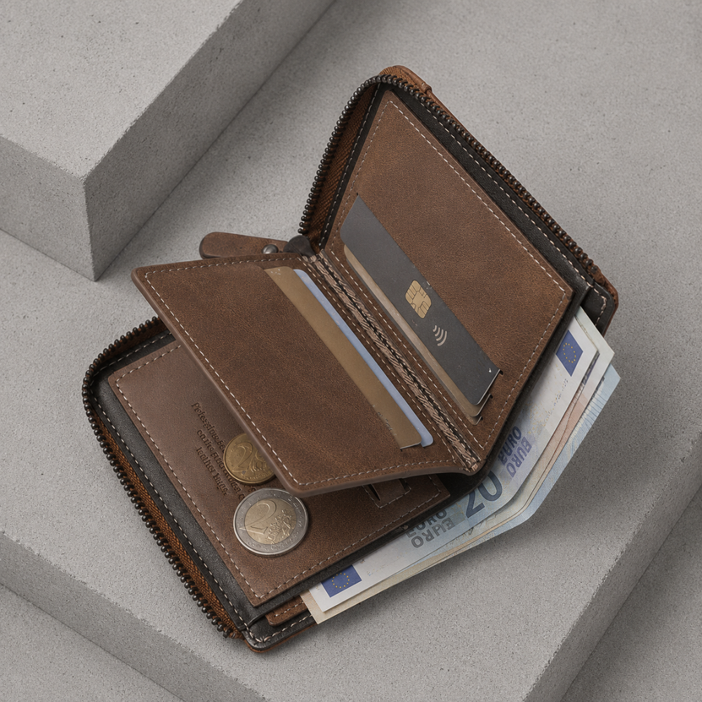 Portefeuille homme vertical, volet porte-cartes et fenêtre transparente