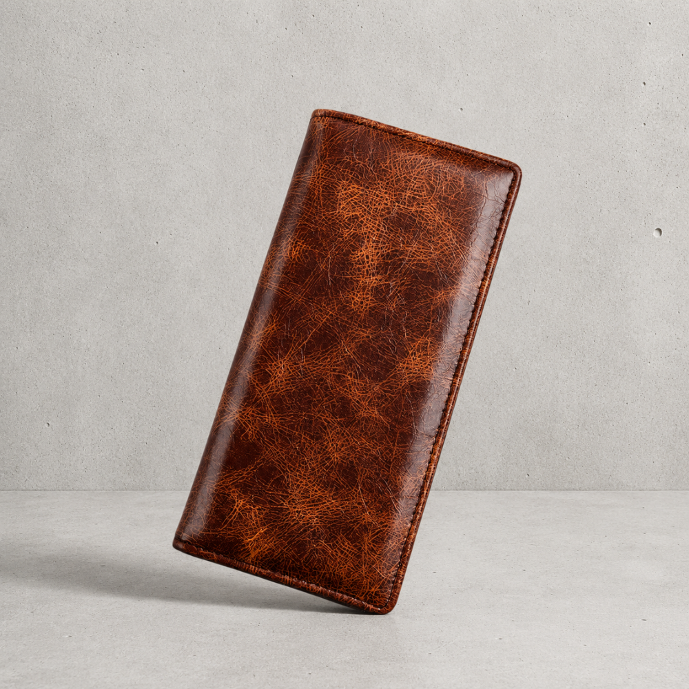 Portefeuille homme long camel, grand format aspect cuir