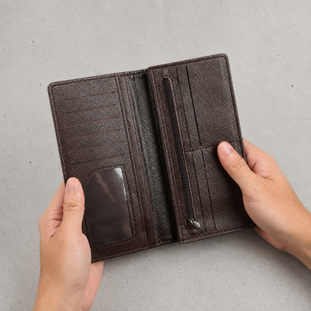 Intérieur portefeuille homme long : logements cartes et fenêtre transparente