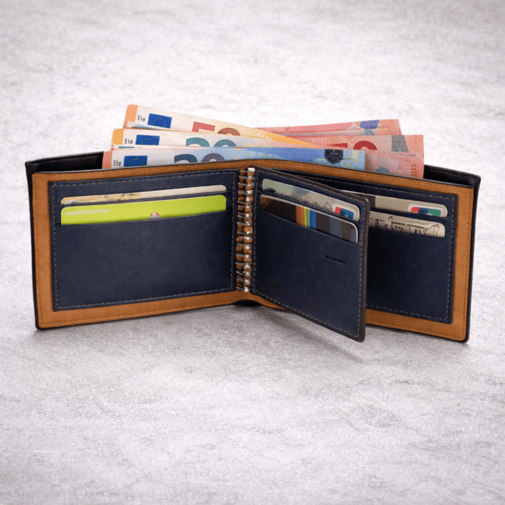 Portefeuille homme luxe ouvert, 6 porte-cartes et compartiment billet