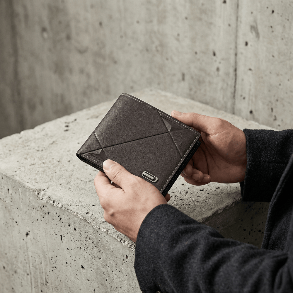 portefeuille homme cuir marron tenu en main mur béton