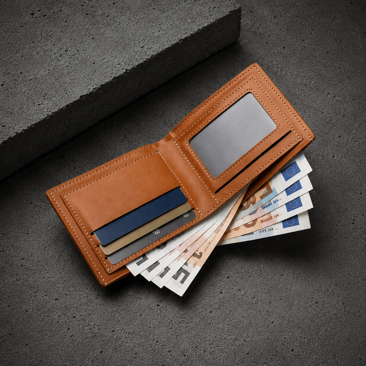 Interieur du portefeuille homme moderne marron en similicuir avec billets euros et cartes
