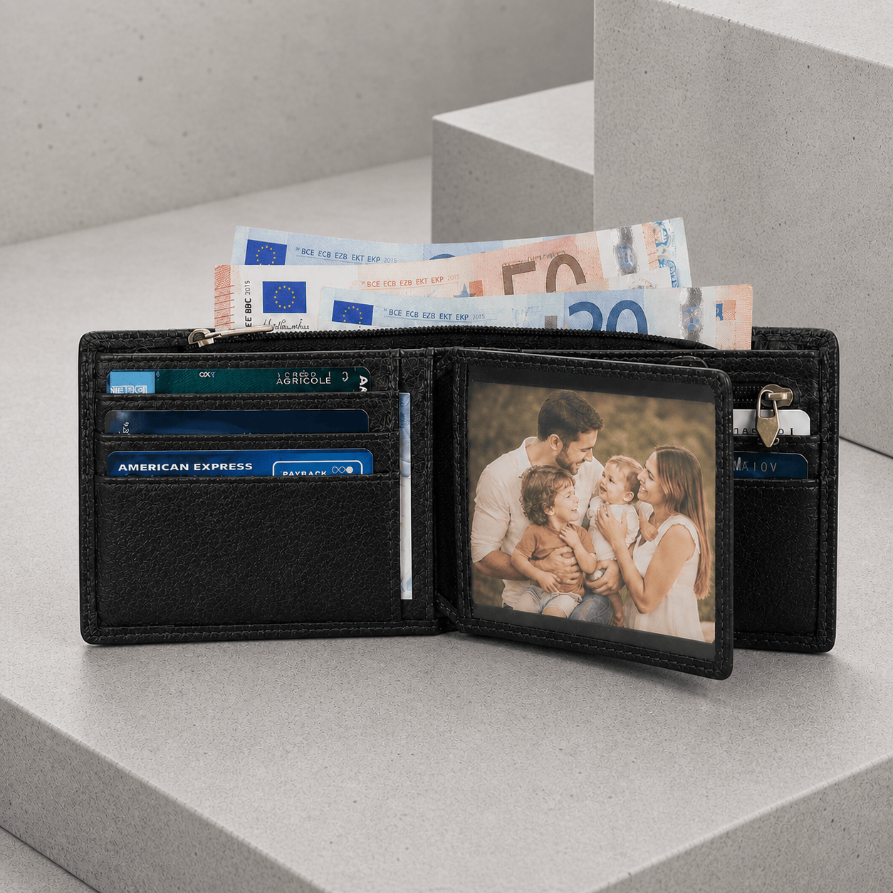 portefeuille homme noir cuir véritable intérieur ouvert cartes photo